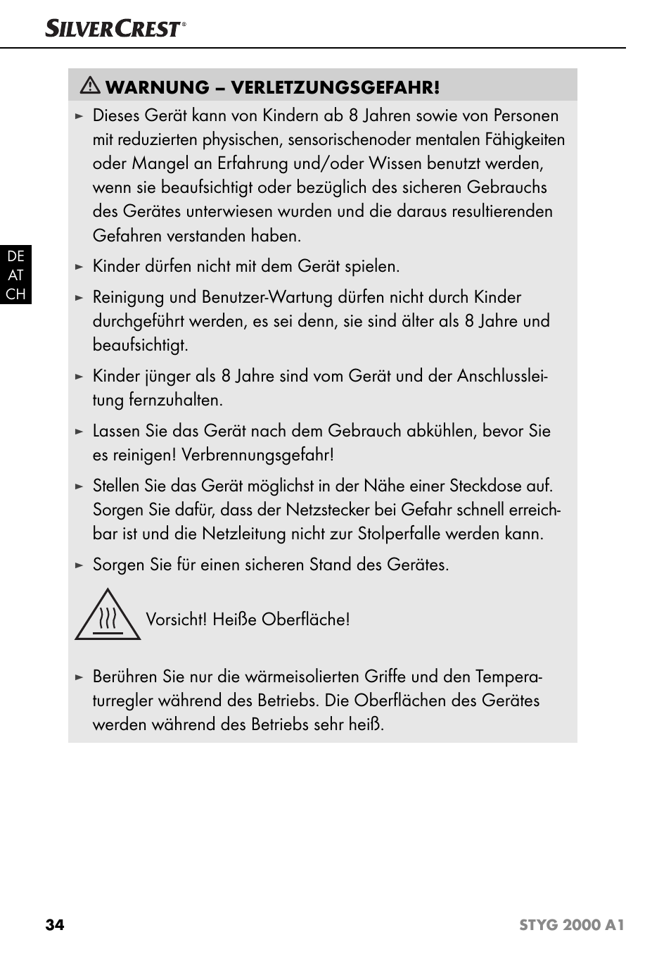 Warnung – verletzungsgefahr, Kinder dürfen nicht mit dem gerät spielen | Silvercrest STYG 2000 A1 User Manual | Page 37 / 43