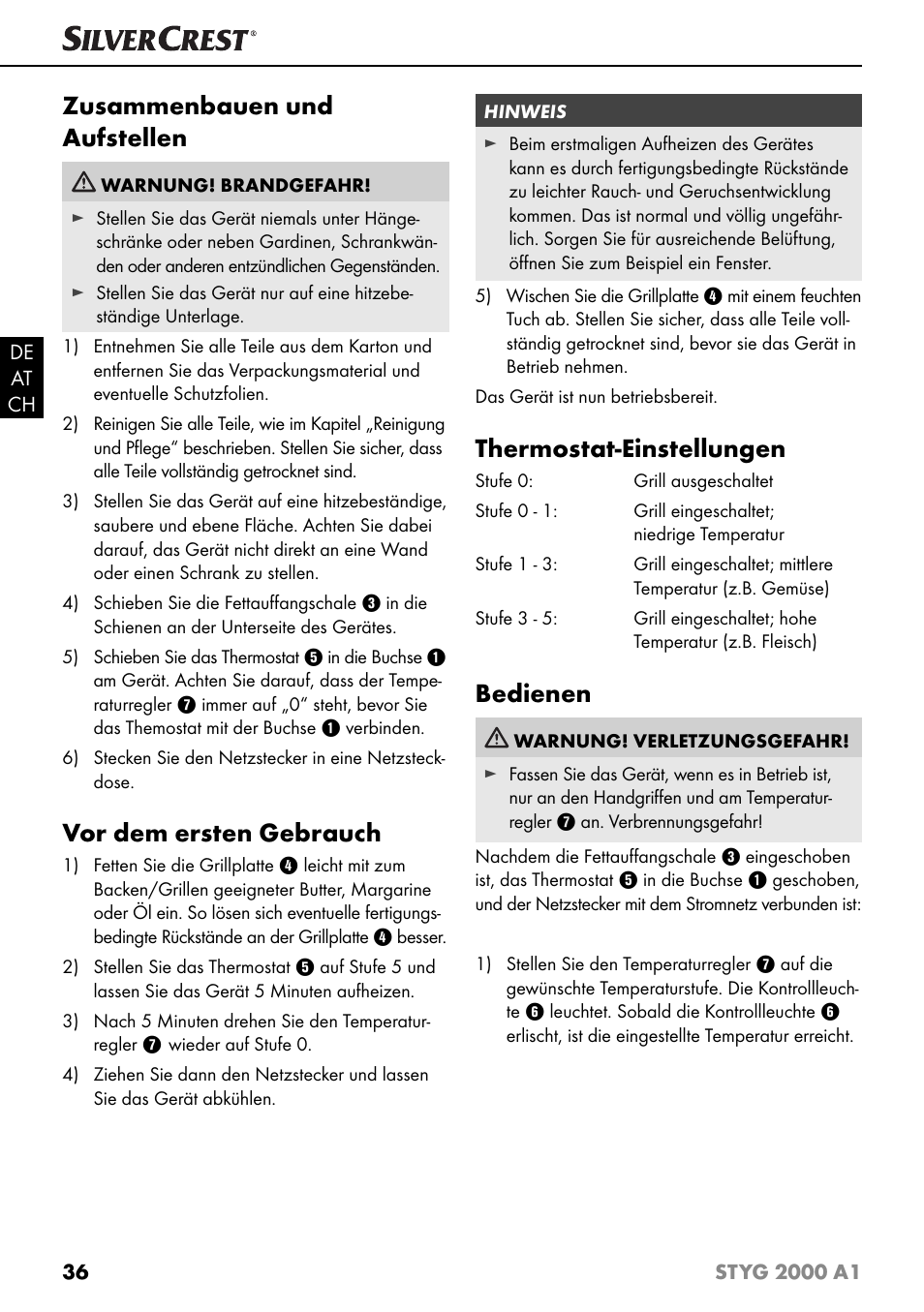 Zusammenbauen und aufstellen, Vor dem ersten gebrauch, Thermostat-einstellungen | Bedienen | Silvercrest STYG 2000 A1 User Manual | Page 39 / 43