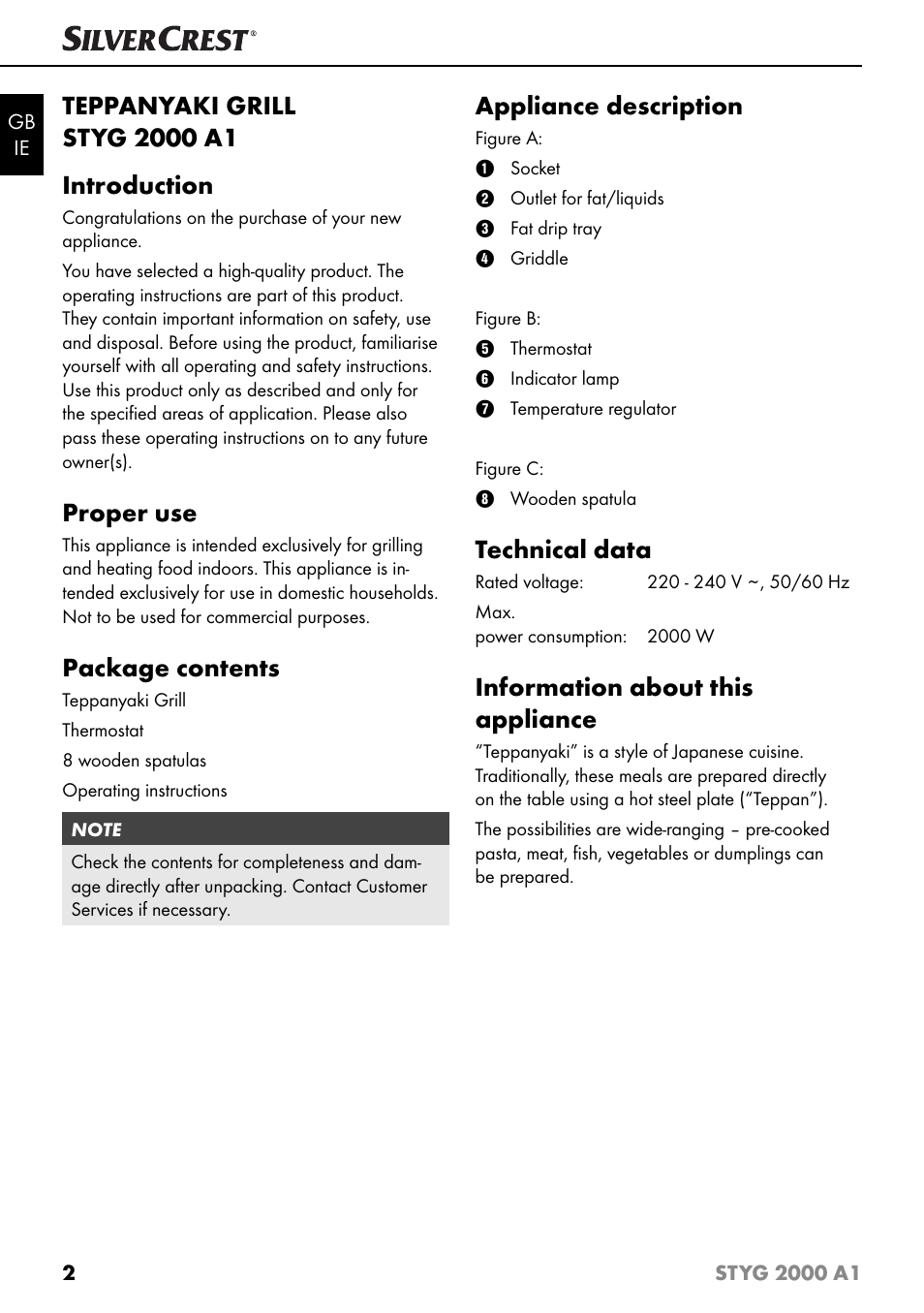 Proper use, Package contents, Appliance description | Technical data, Information about this appliance | Silvercrest STYG 2000 A1 User Manual | Page 5 / 43