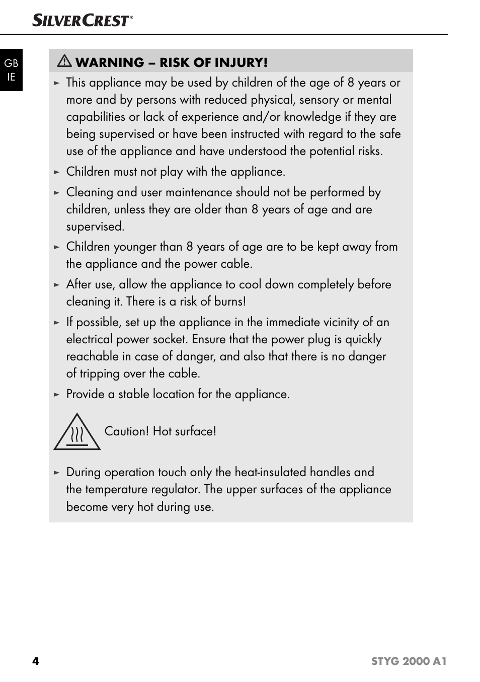 Warning – risk of injury, Children must not play with the appliance | Silvercrest STYG 2000 A1 User Manual | Page 7 / 43