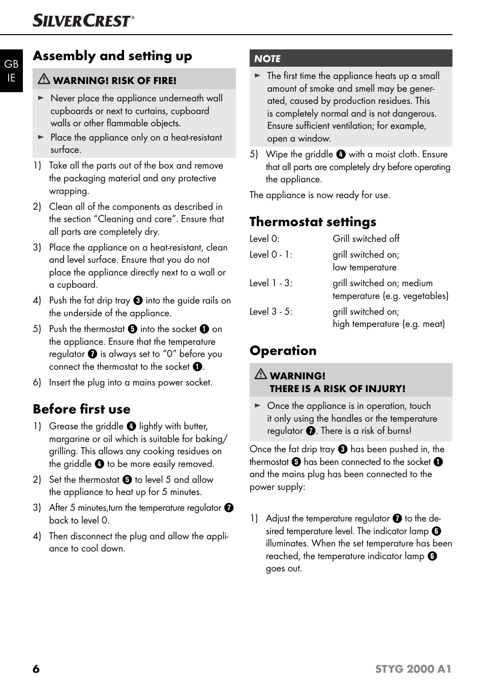 Assembly and setting up, Before ﬁ rst use, Thermostat settings | Operation | Silvercrest STYG 2000 A1 User Manual | Page 9 / 43