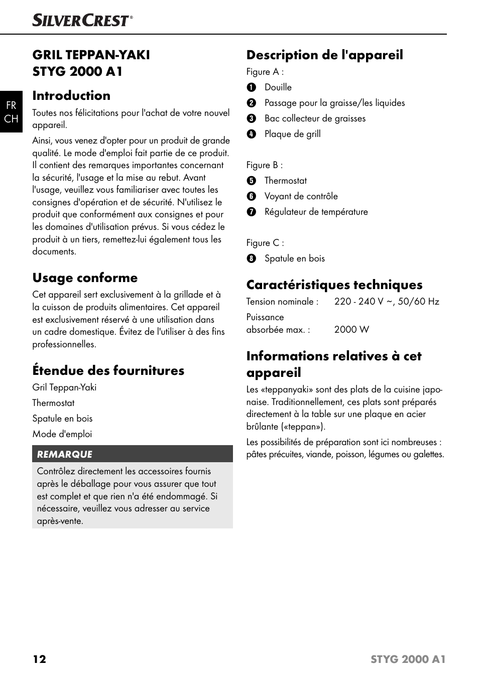 Usage conforme, Étendue des fournitures, Description de l'appareil | Caractéristiques techniques, Informations relatives à cet appareil | Silvercrest STYG 2000 A1 User Manual | Page 15 / 43