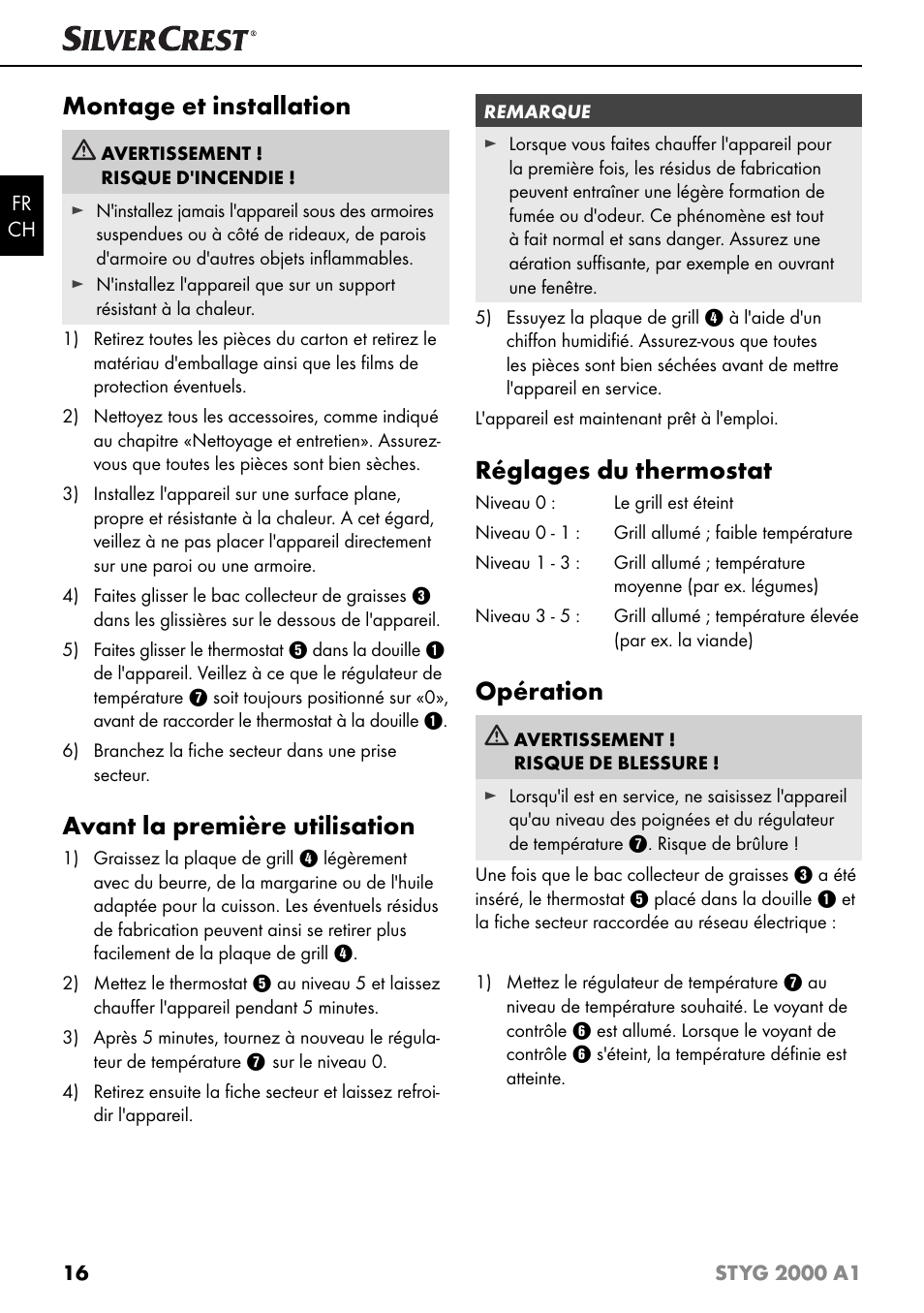 Montage et installation, Avant la première utilisation, Réglages du thermostat | Opération | Silvercrest STYG 2000 A1 User Manual | Page 19 / 43