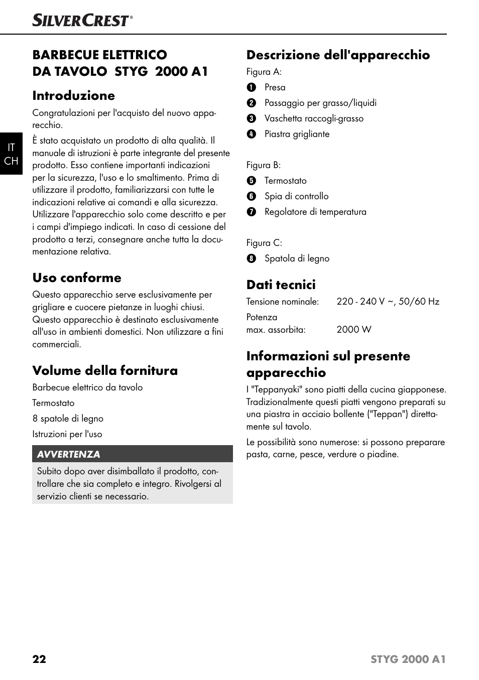 Uso conforme, Volume della fornitura, Descrizione dell'apparecchio | Dati tecnici, Informazioni sul presente apparecchio | Silvercrest STYG 2000 A1 User Manual | Page 25 / 43