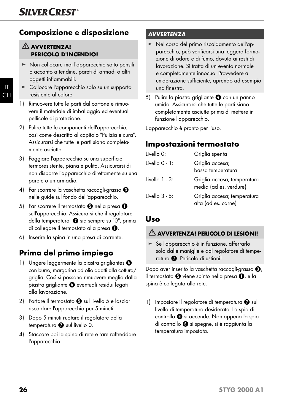 Composizione e disposizione, Prima del primo impiego, Impostazioni termostato | Silvercrest STYG 2000 A1 User Manual | Page 29 / 43