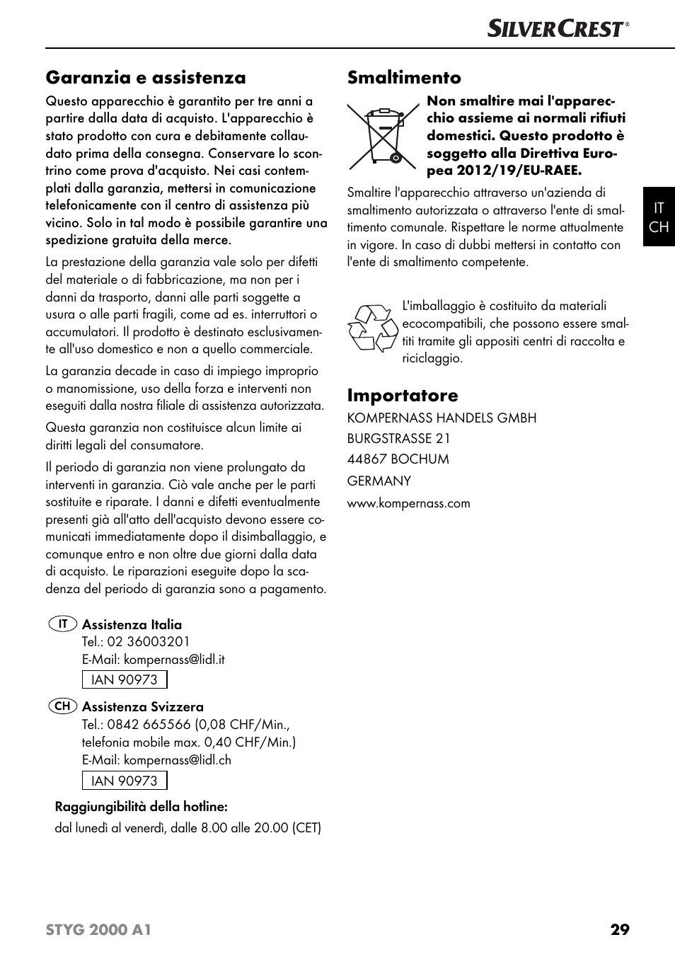 Garanzia e assistenza, Smaltimento, Importatore | Silvercrest STYG 2000 A1 User Manual | Page 32 / 43