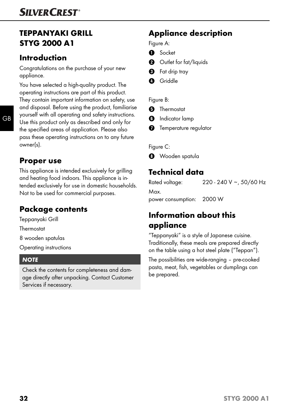 Proper use, Package contents, Appliance description | Technical data, Information about this appliance | Silvercrest STYG 2000 A1 User Manual | Page 35 / 43