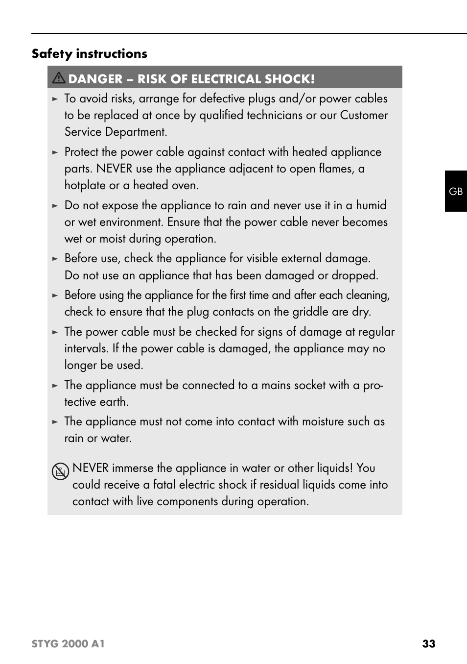 Safety instructions, Danger – risk of electrical shock | Silvercrest STYG 2000 A1 User Manual | Page 36 / 43