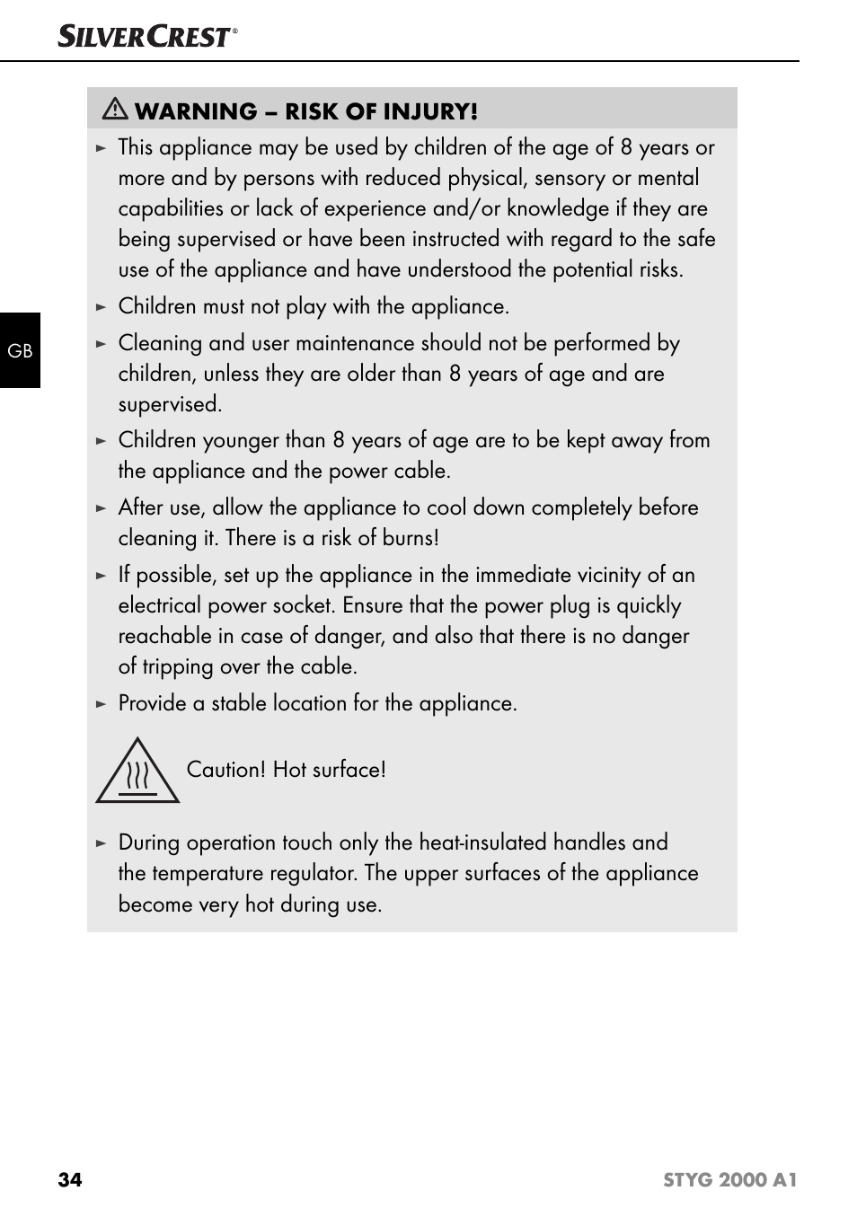 Warning – risk of injury, Children must not play with the appliance | Silvercrest STYG 2000 A1 User Manual | Page 37 / 43