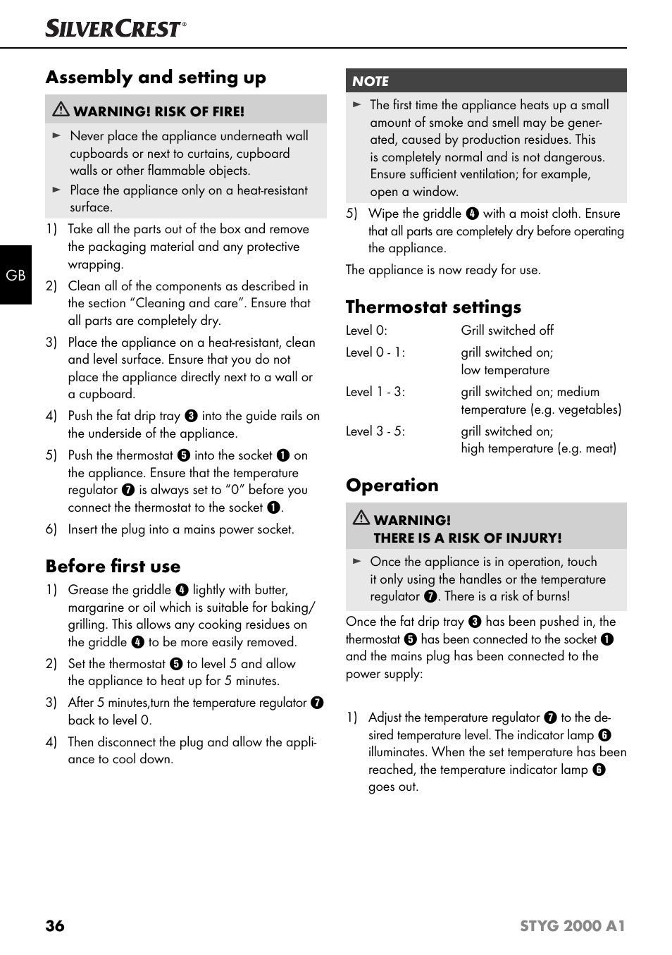 Assembly and setting up, Before ﬁ rst use, Thermostat settings | Operation | Silvercrest STYG 2000 A1 User Manual | Page 39 / 43