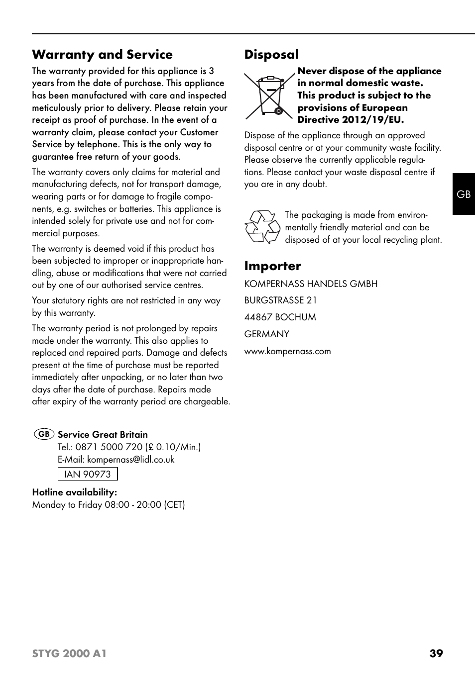 Warranty and service, Disposal, Importer | Silvercrest STYG 2000 A1 User Manual | Page 42 / 43