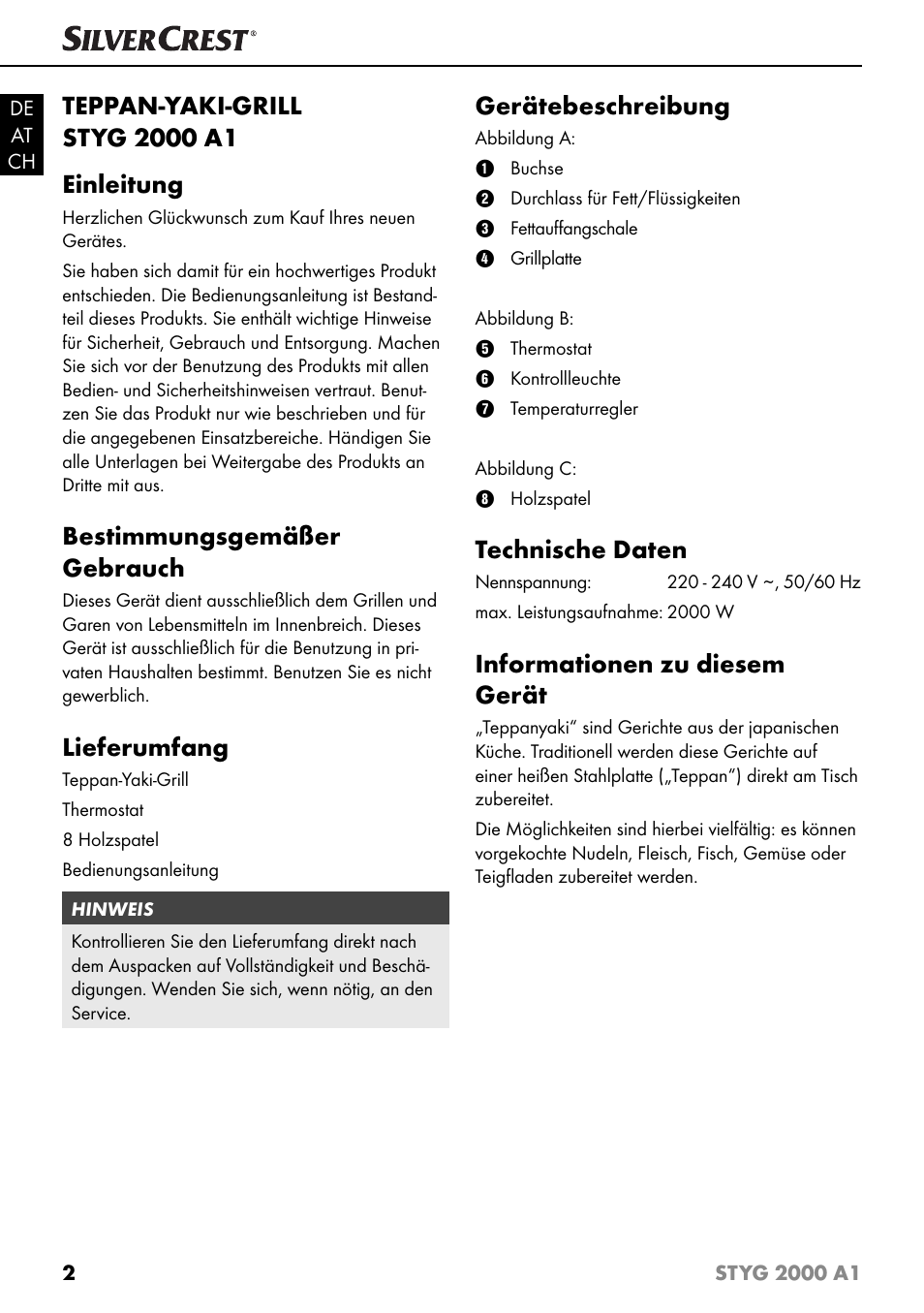 Bestimmungsgemäßer gebrauch, Lieferumfang, Gerätebeschreibung | Technische daten, Informationen zu diesem gerät | Silvercrest STYG 2000 A1 User Manual | Page 5 / 43
