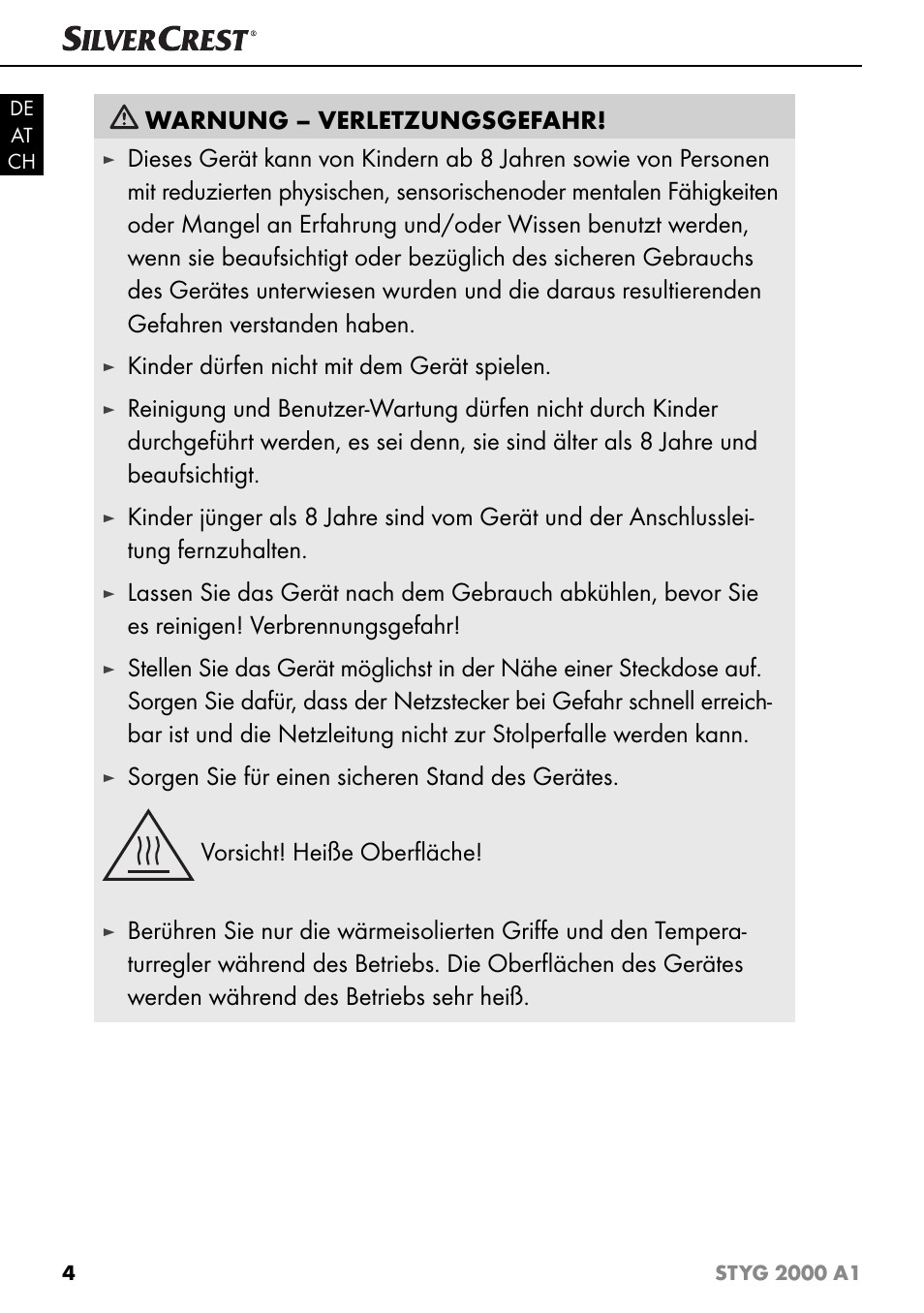 Warnung – verletzungsgefahr, Kinder dürfen nicht mit dem gerät spielen | Silvercrest STYG 2000 A1 User Manual | Page 7 / 43