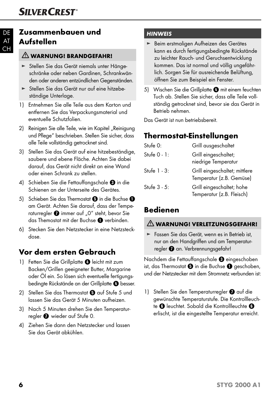 Zusammenbauen und aufstellen, Vor dem ersten gebrauch, Thermostat-einstellungen | Bedienen | Silvercrest STYG 2000 A1 User Manual | Page 9 / 43