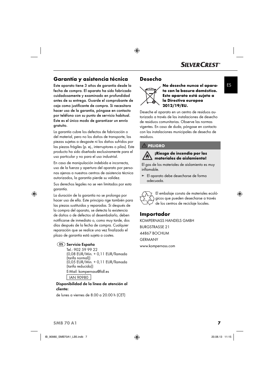 Garantía y asistencia técnica, Desecho, Importador | Silvercrest SMB 70 A1 User Manual | Page 10 / 27