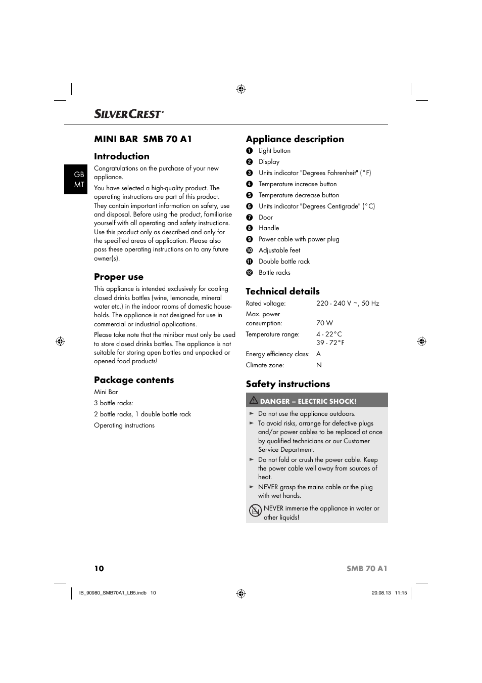 Mini bar smb 70 a1 introduction, Proper use, Package contents | Appliance description, Technical details, Safety instructions | Silvercrest SMB 70 A1 User Manual | Page 13 / 27