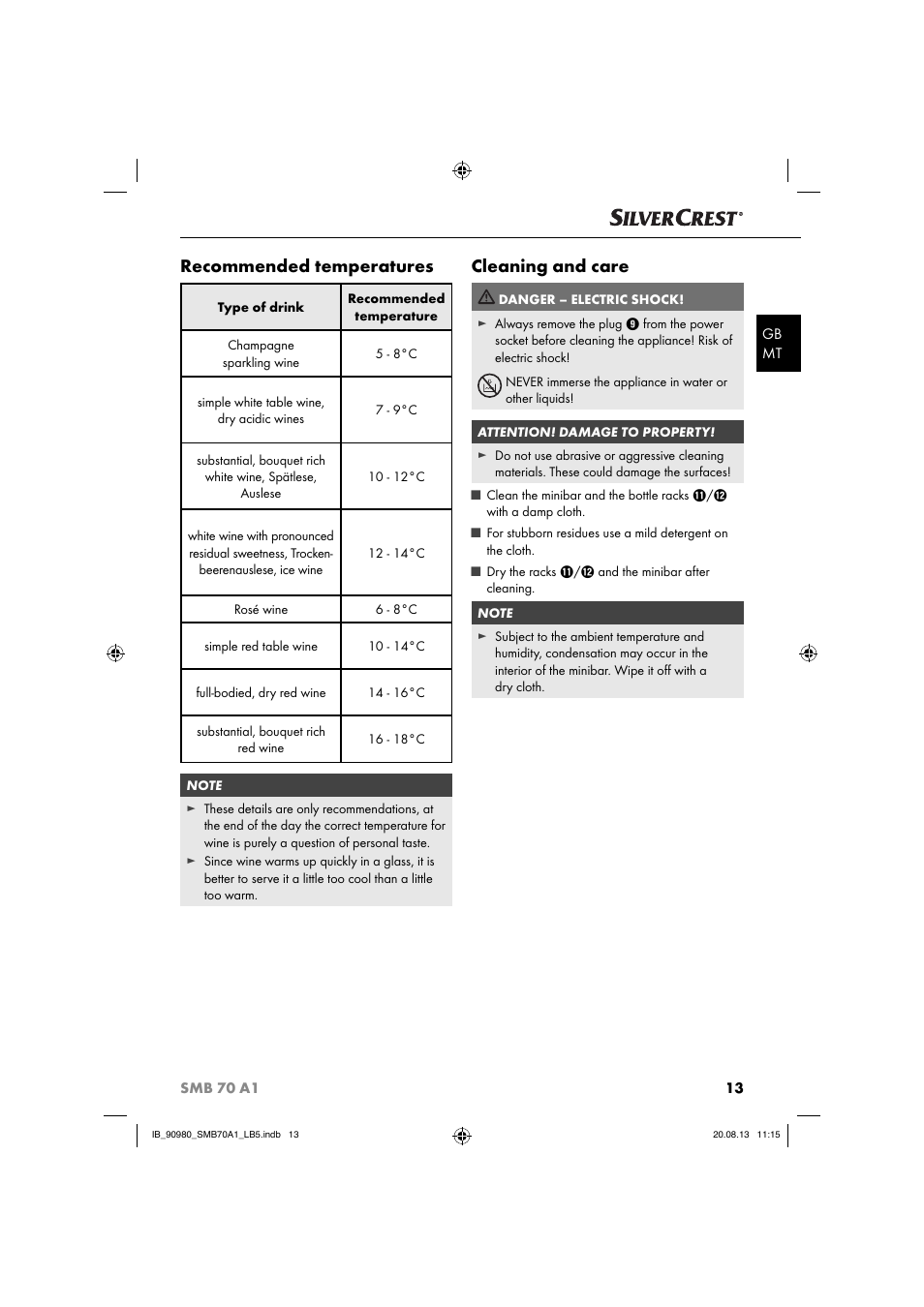 Recommended temperatures, Cleaning and care | Silvercrest SMB 70 A1 User Manual | Page 16 / 27