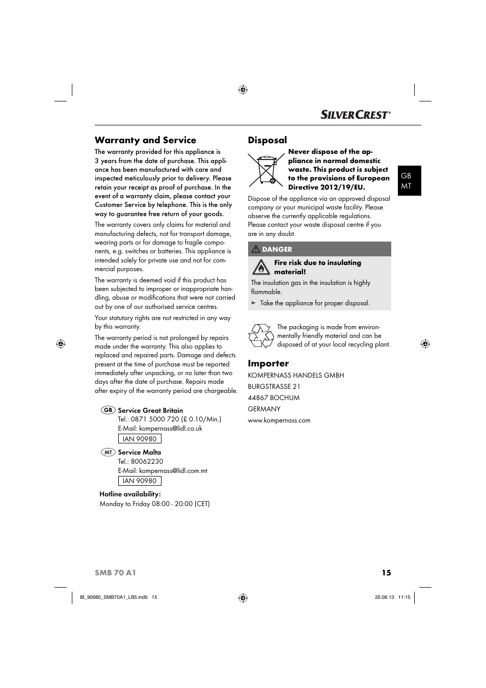 Warranty and service, Disposal, Importer | Silvercrest SMB 70 A1 User Manual | Page 18 / 27