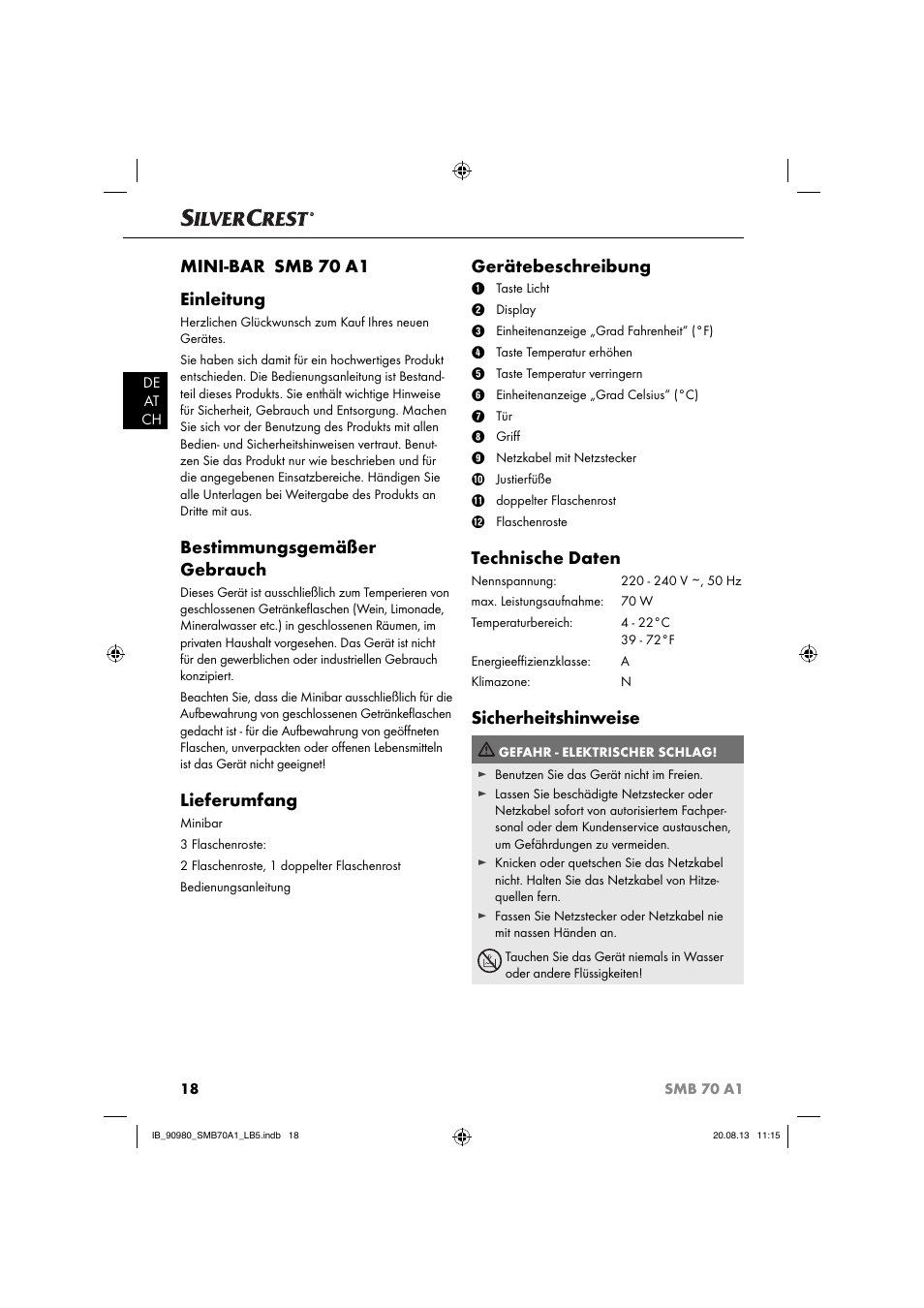 Mini-bar smb 70 a1 einleitung, Bestimmungsgemäßer gebrauch, Lieferumfang | Gerätebeschreibung, Technische daten, Sicherheitshinweise | Silvercrest SMB 70 A1 User Manual | Page 21 / 27