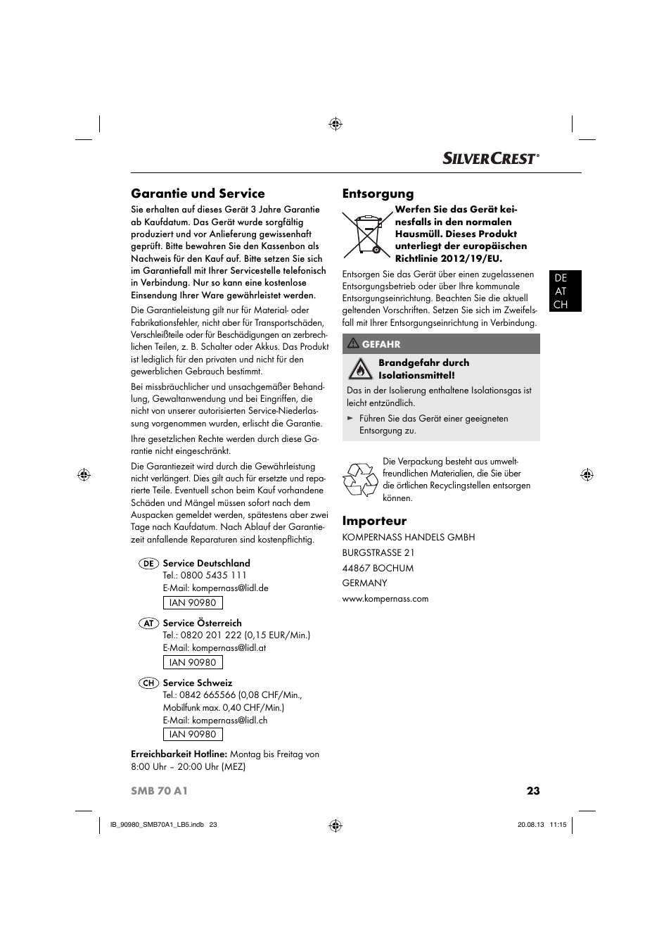 Garantie und service, Entsorgung, Importeur | Silvercrest SMB 70 A1 User Manual | Page 26 / 27