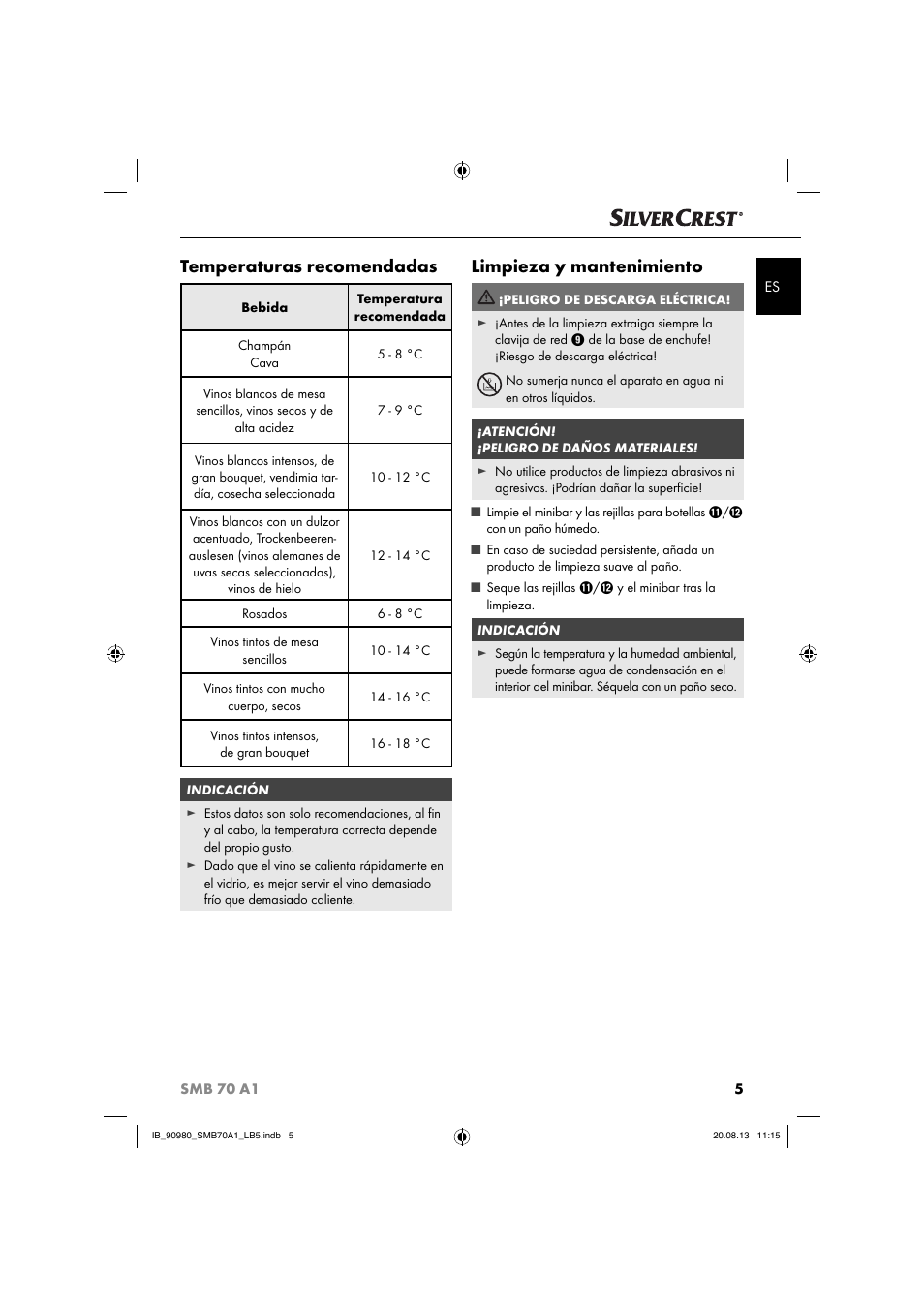 Temperaturas recomendadas, Limpieza y mantenimiento | Silvercrest SMB 70 A1 User Manual | Page 8 / 27