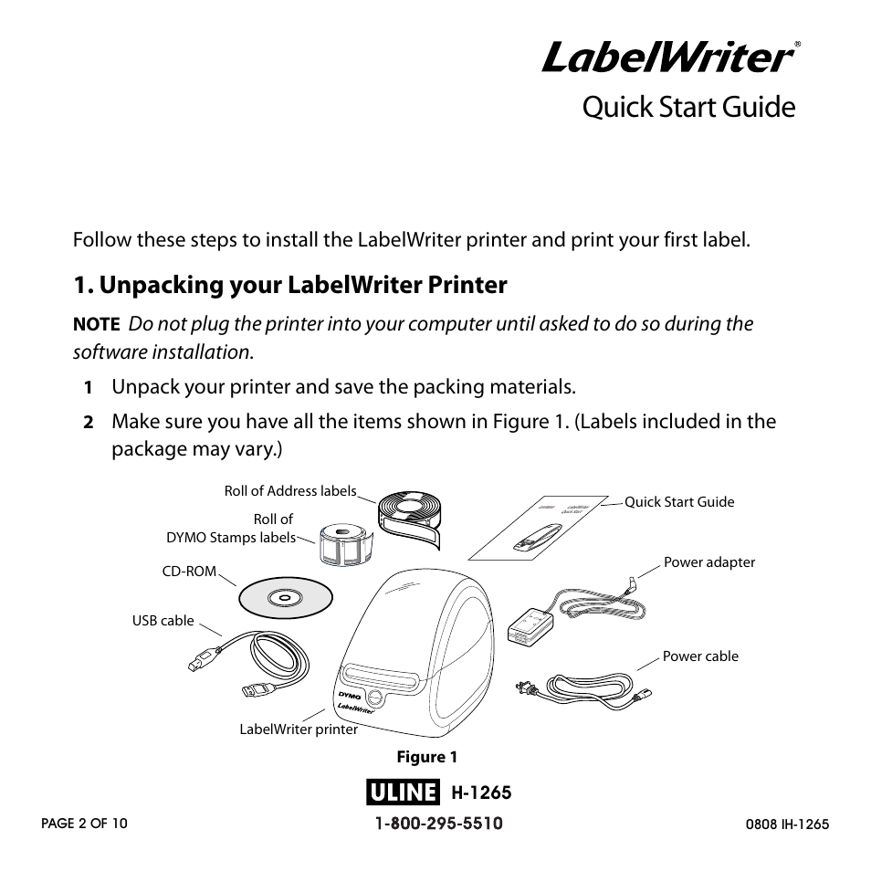 Quick start guide, English, Unpacking your labelwriter printer | Unpack your printer and save the packing materials | Dymo H-1265 User Manual | Page 2 / 10