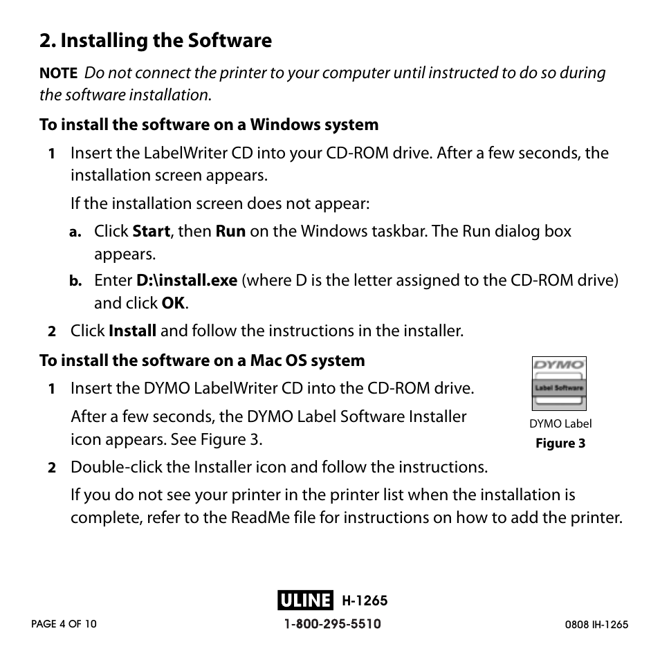 Installing the software | Dymo H-1265 User Manual | Page 4 / 10