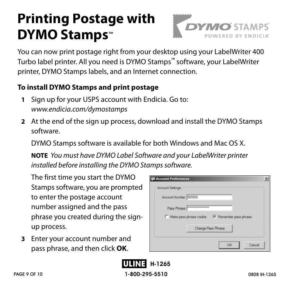 Printing postage with dymo stamps | Dymo H-1265 User Manual | Page 9 / 10