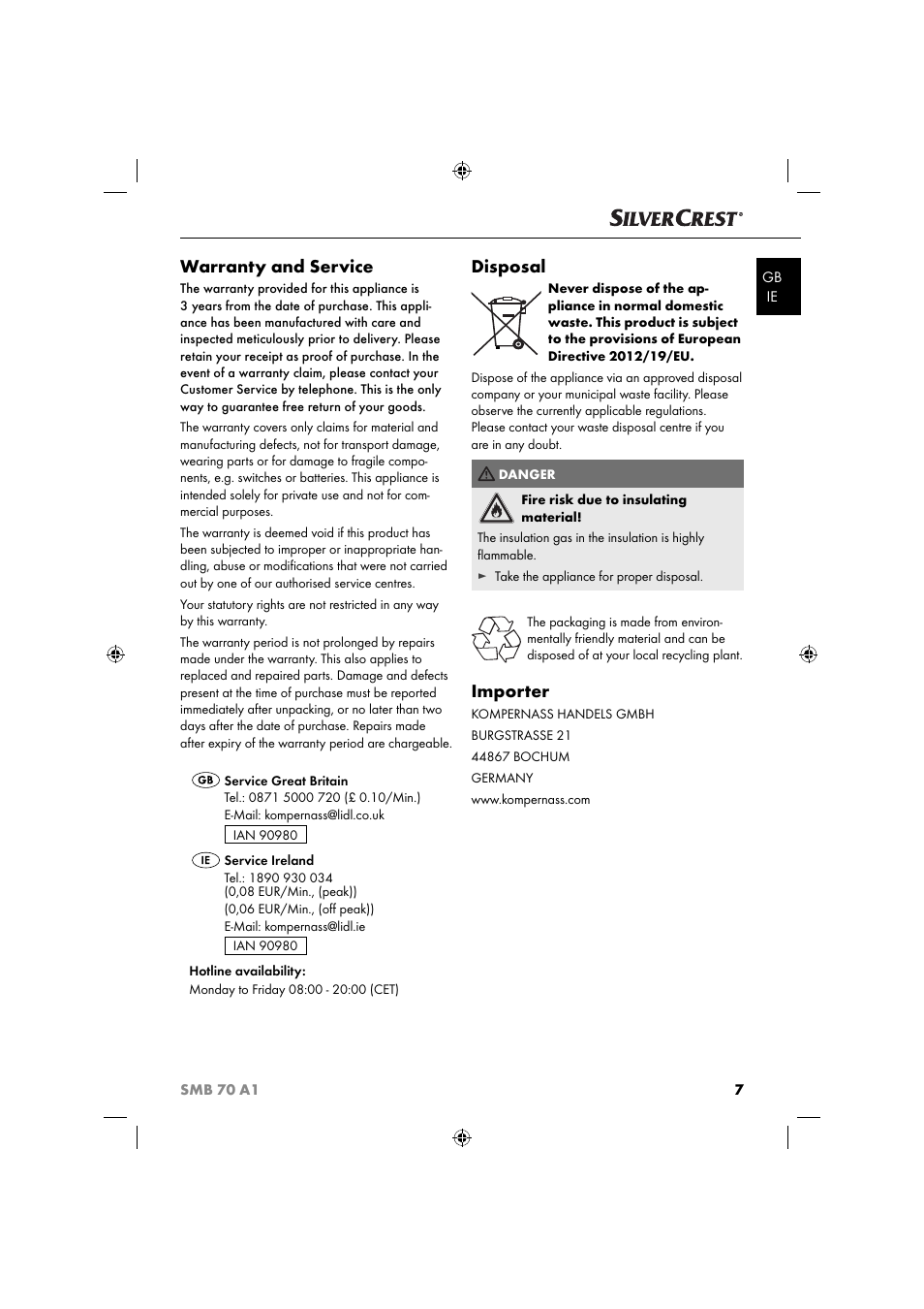 Warranty and service, Disposal, Importer | Silvercrest SMB 70 A1 User Manual | Page 10 / 35