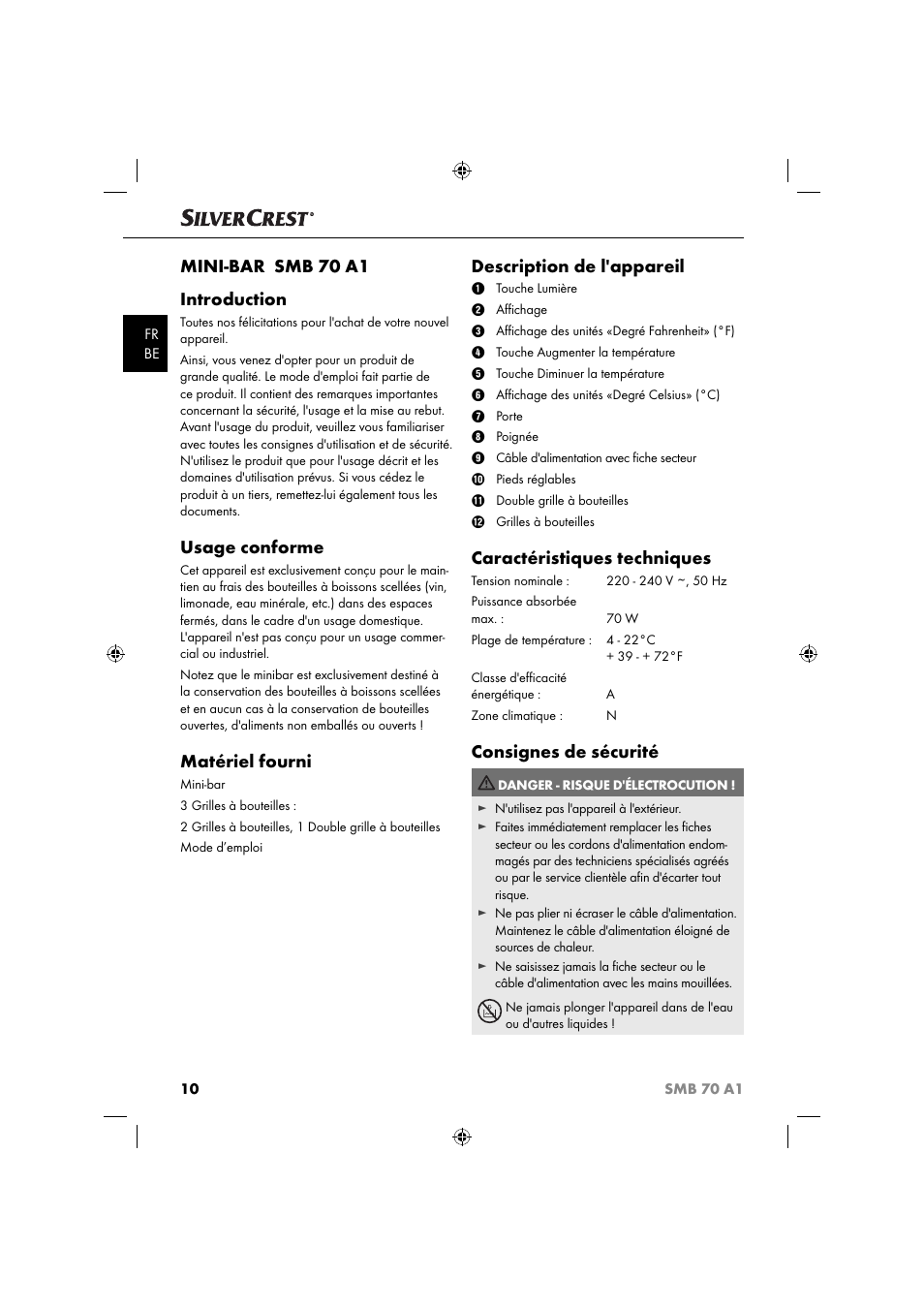 Mini-bar smb 70 a1 introduction, Usage conforme, Matériel fourni | Description de l'appareil, Caractéristiques techniques, Consignes de sécurité | Silvercrest SMB 70 A1 User Manual | Page 13 / 35