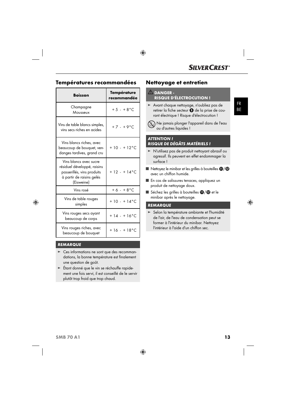 Températures recommandées, Nettoyage et entretien | Silvercrest SMB 70 A1 User Manual | Page 16 / 35