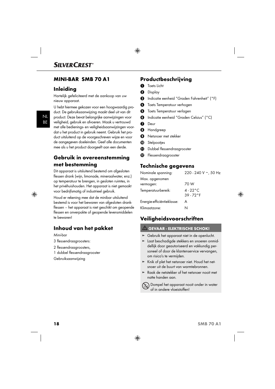 Mini-bar smb 70 a1 inleiding, Gebruik in overeenstemming met bestemming, Inhoud van het pakket | Productbeschrijving, Technische gegevens, Veiligheidsvoorschriften | Silvercrest SMB 70 A1 User Manual | Page 21 / 35