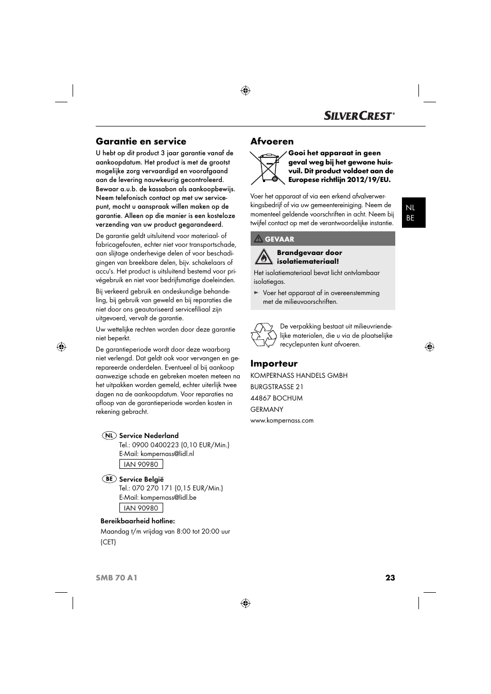 Garantie en service, Afvoeren, Importeur | Silvercrest SMB 70 A1 User Manual | Page 26 / 35