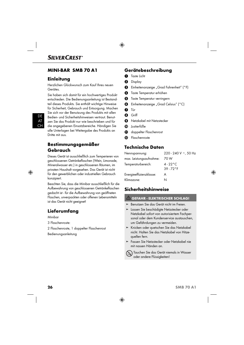 Mini-bar smb 70 a1 einleitung, Bestimmungsgemäßer gebrauch, Lieferumfang | Gerätebeschreibung, Technische daten, Sicherheitshinweise | Silvercrest SMB 70 A1 User Manual | Page 29 / 35
