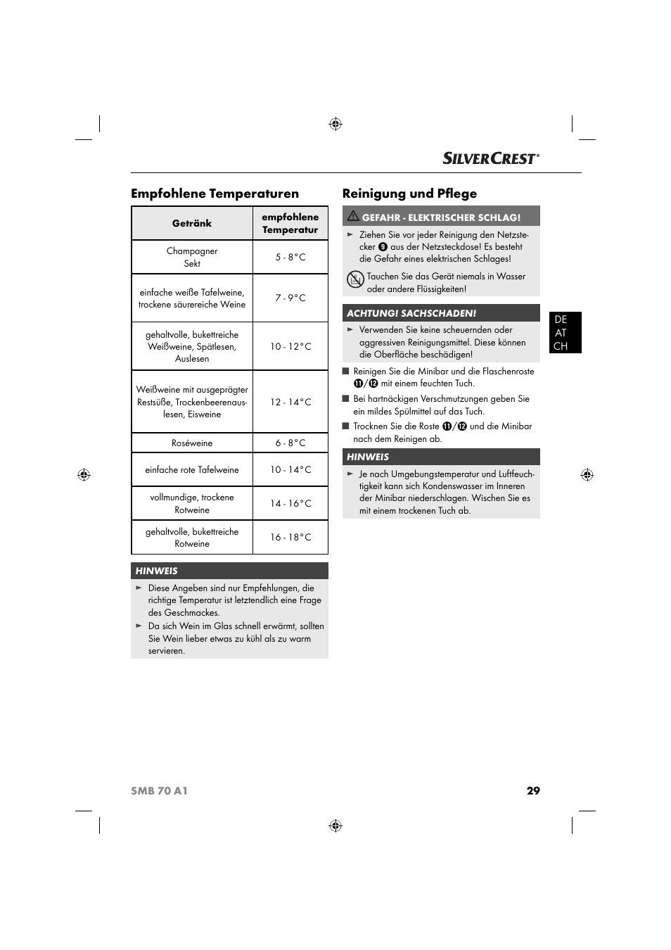 Empfohlene temperaturen, Reinigung und pﬂ ege | Silvercrest SMB 70 A1 User Manual | Page 32 / 35