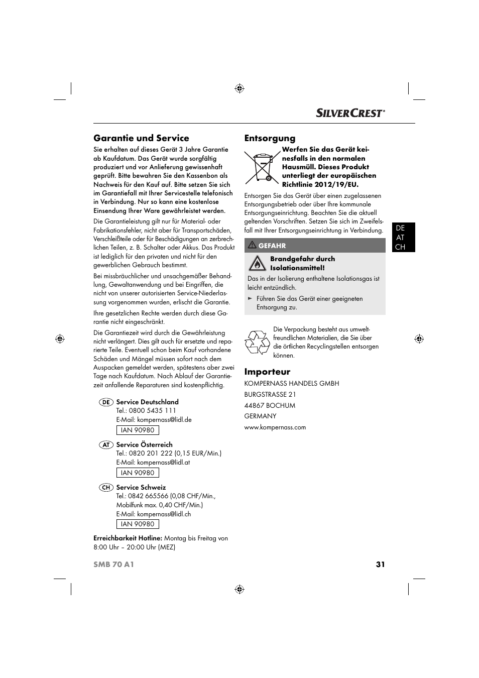 Garantie und service, Entsorgung, Importeur | Silvercrest SMB 70 A1 User Manual | Page 34 / 35