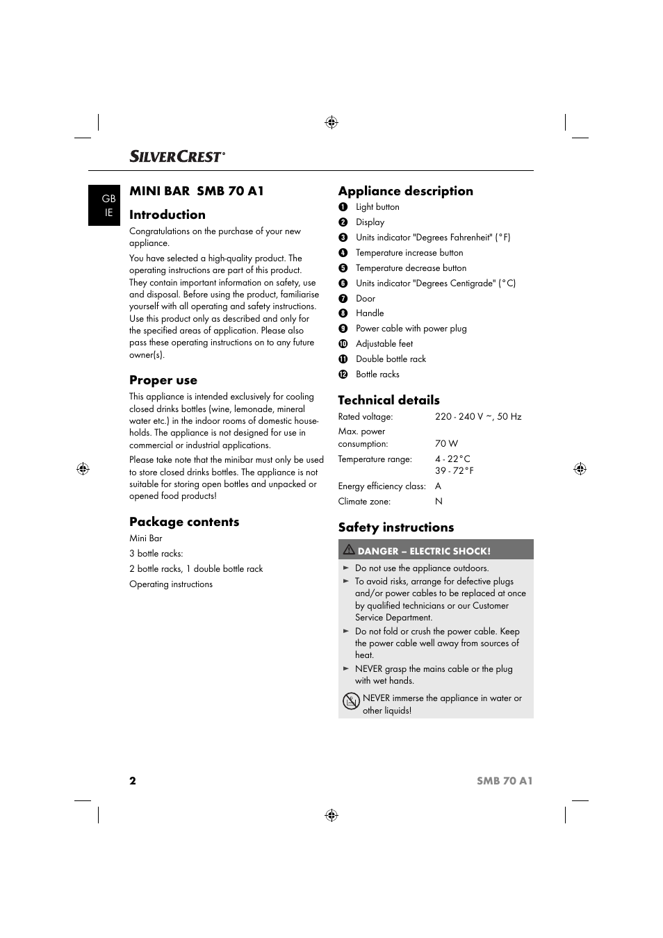 Mini bar smb 70 a1 introduction, Proper use, Package contents | Appliance description, Technical details, Safety instructions | Silvercrest SMB 70 A1 User Manual | Page 5 / 35