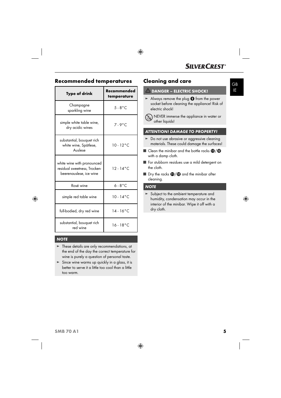 Recommended temperatures, Cleaning and care | Silvercrest SMB 70 A1 User Manual | Page 8 / 35