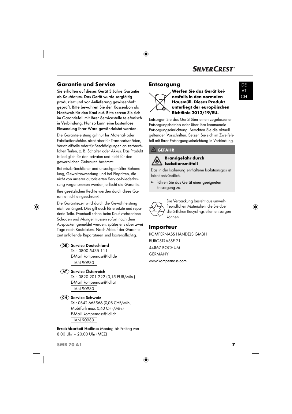 Garantie und service, Entsorgung, Importeur | Silvercrest SMB 70 A1 User Manual | Page 10 / 35