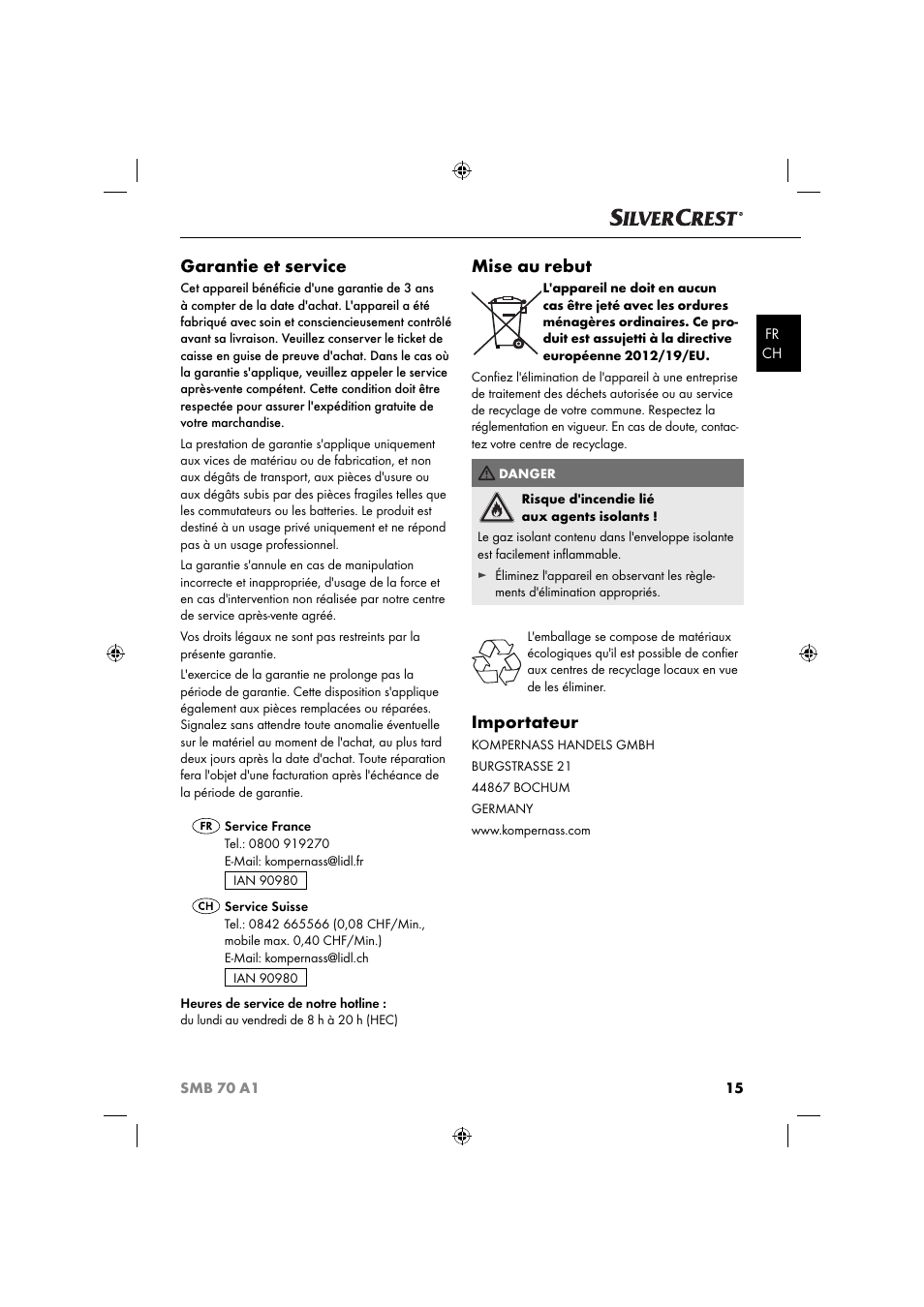 Garantie et service, Mise au rebut, Importateur | Silvercrest SMB 70 A1 User Manual | Page 18 / 35