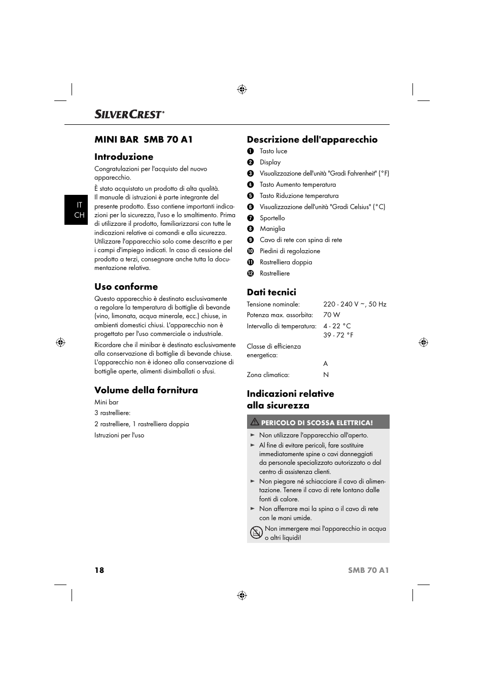 Mini bar smb 70 a1 introduzione, Uso conforme, Volume della fornitura | Descrizione dell'apparecchio, Dati tecnici, Indicazioni relative alla sicurezza | Silvercrest SMB 70 A1 User Manual | Page 21 / 35