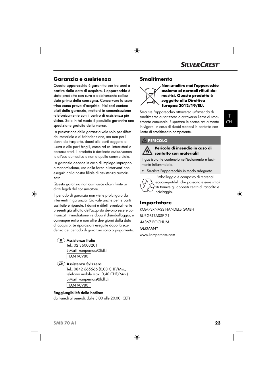 Garanzia e assistenza, Smaltimento, Importatore | Silvercrest SMB 70 A1 User Manual | Page 26 / 35