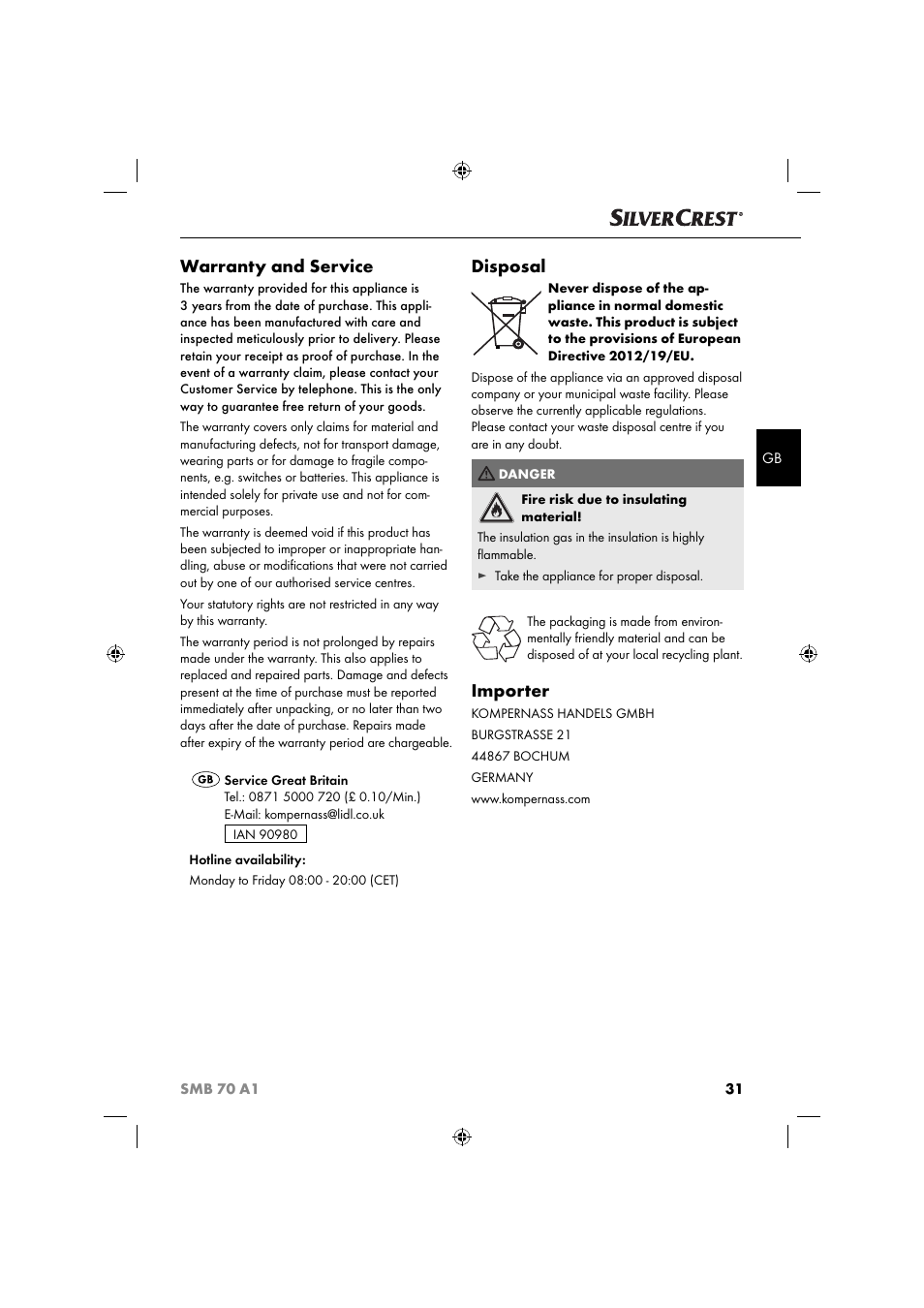 Warranty and service, Disposal, Importer | Silvercrest SMB 70 A1 User Manual | Page 34 / 35