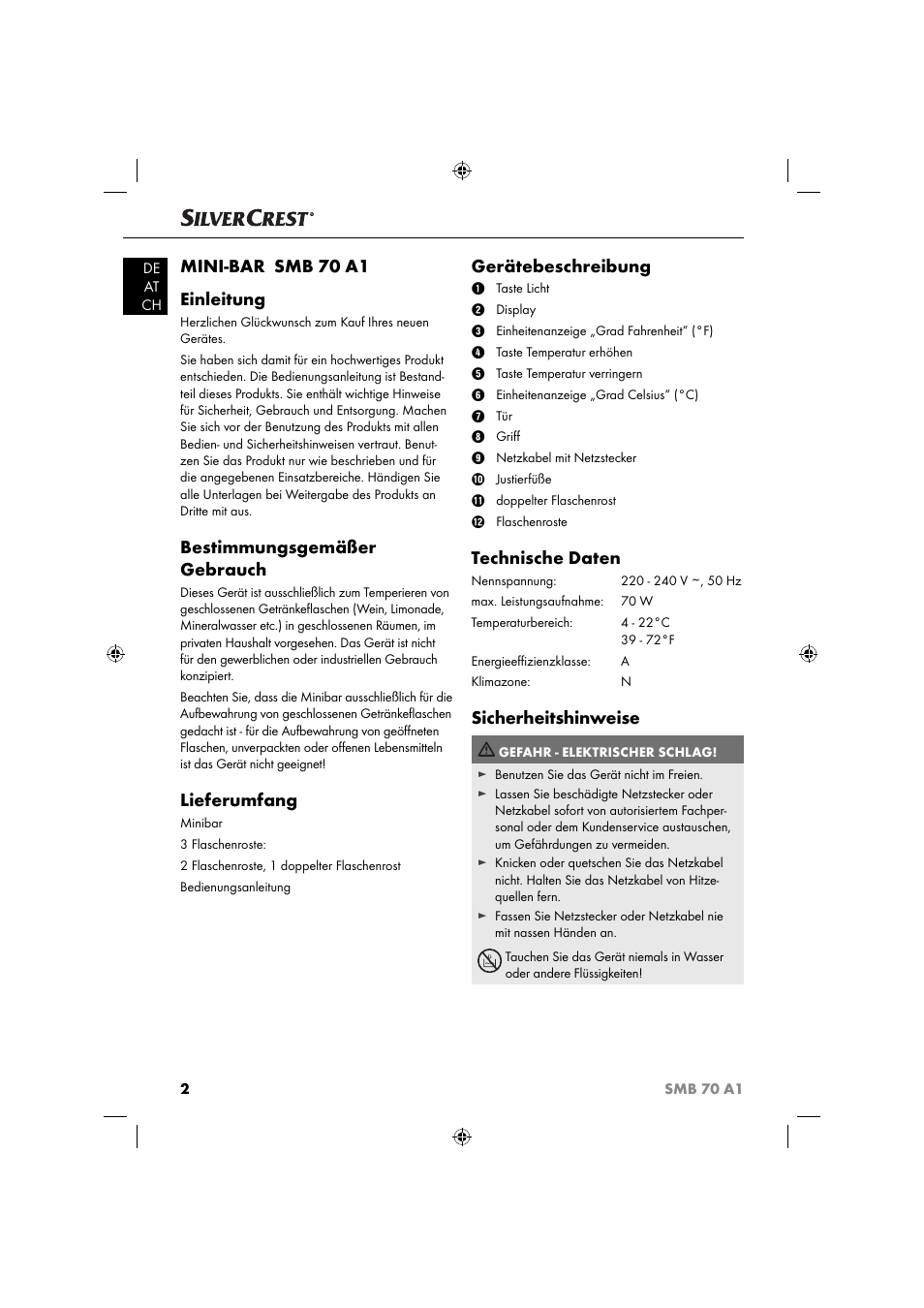 Mini-bar smb 70 a1 einleitung, Bestimmungsgemäßer gebrauch, Lieferumfang | Gerätebeschreibung, Technische daten, Sicherheitshinweise | Silvercrest SMB 70 A1 User Manual | Page 5 / 35