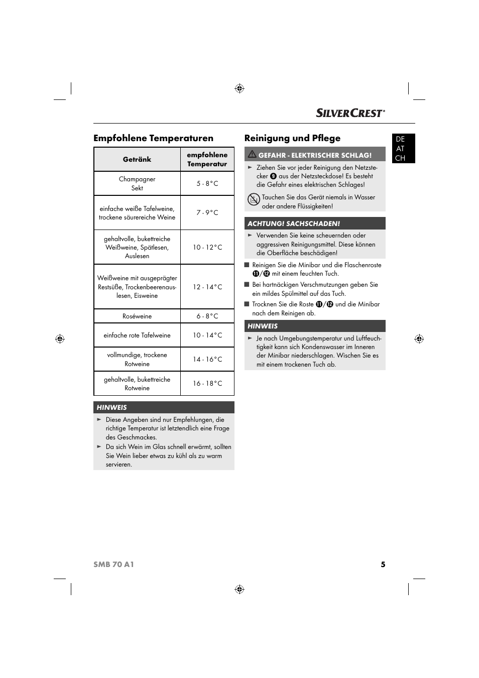 Empfohlene temperaturen, Reinigung und pﬂ ege | Silvercrest SMB 70 A1 User Manual | Page 8 / 35