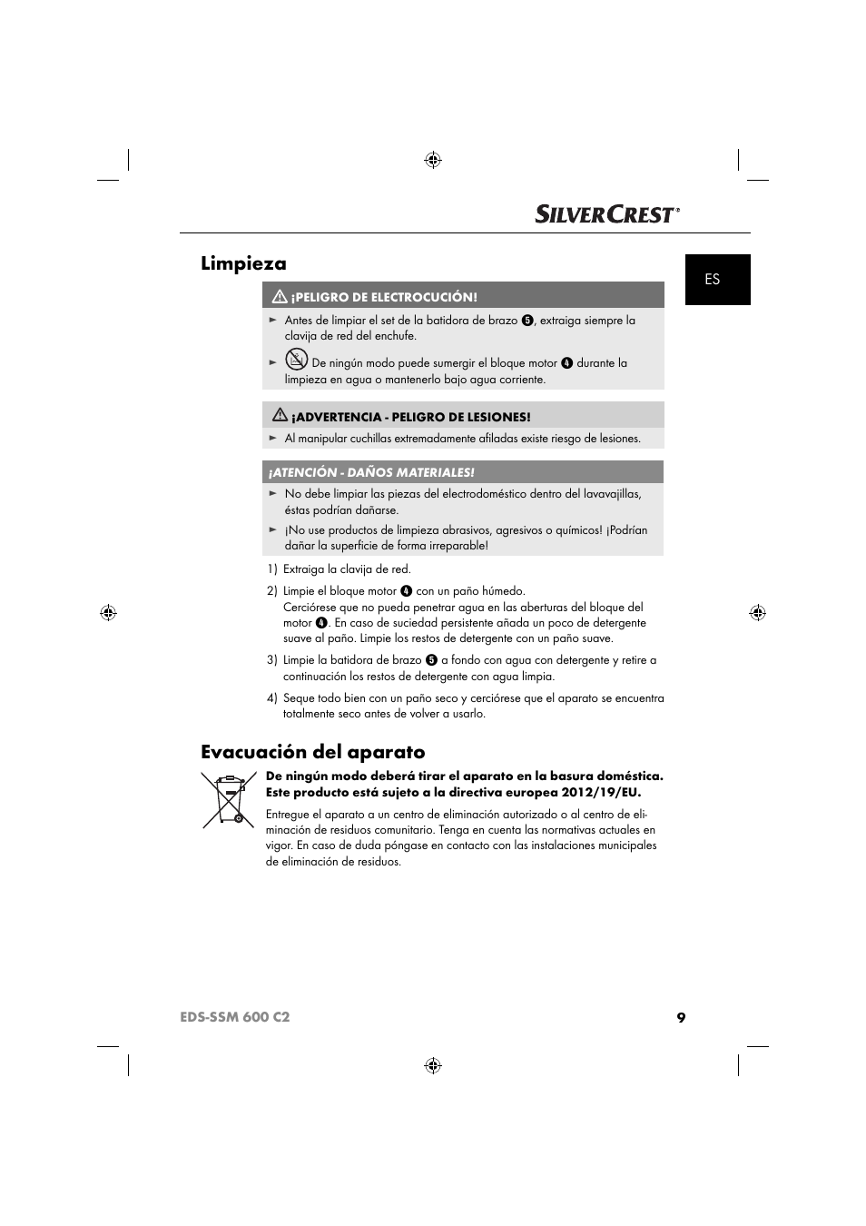 Limpieza, Evacuación del aparato | Silvercrest SSM 600 C2 User Manual | Page 12 / 81