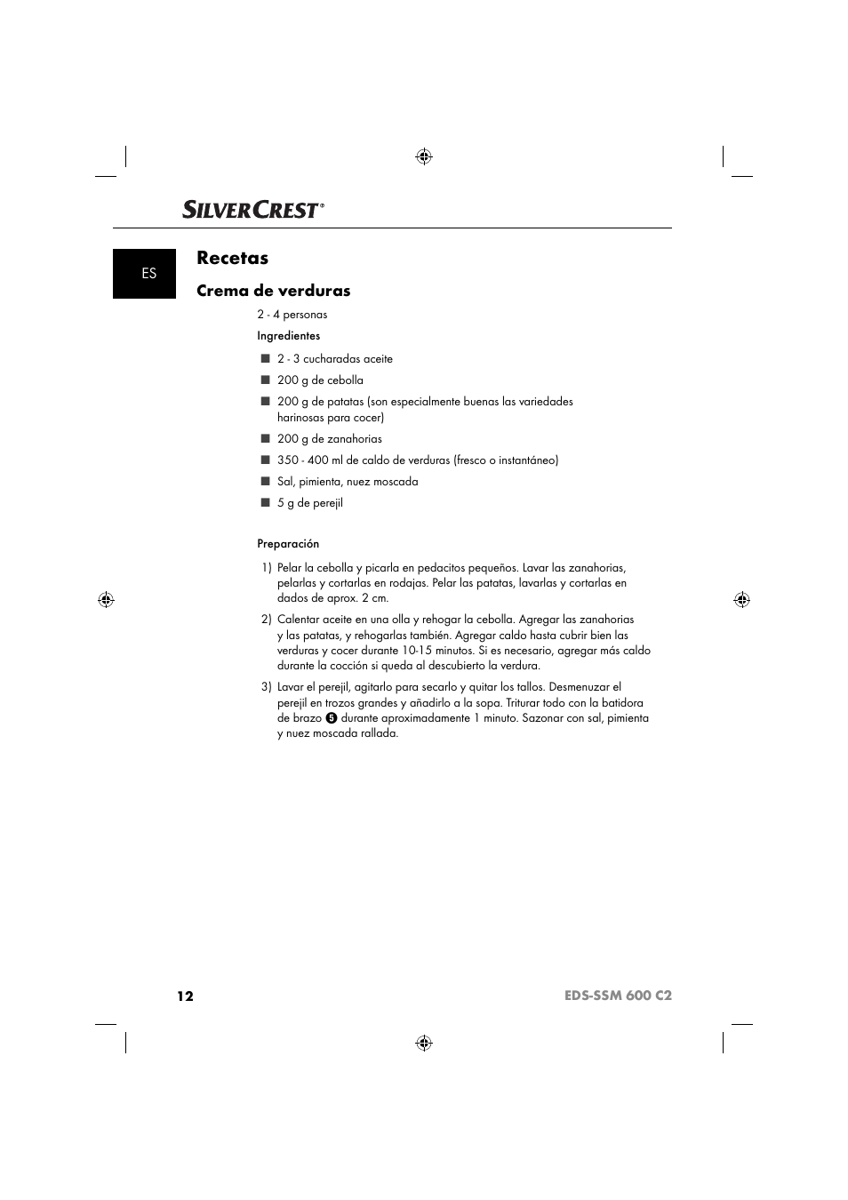 Recetas, Crema de verduras | Silvercrest SSM 600 C2 User Manual | Page 15 / 81