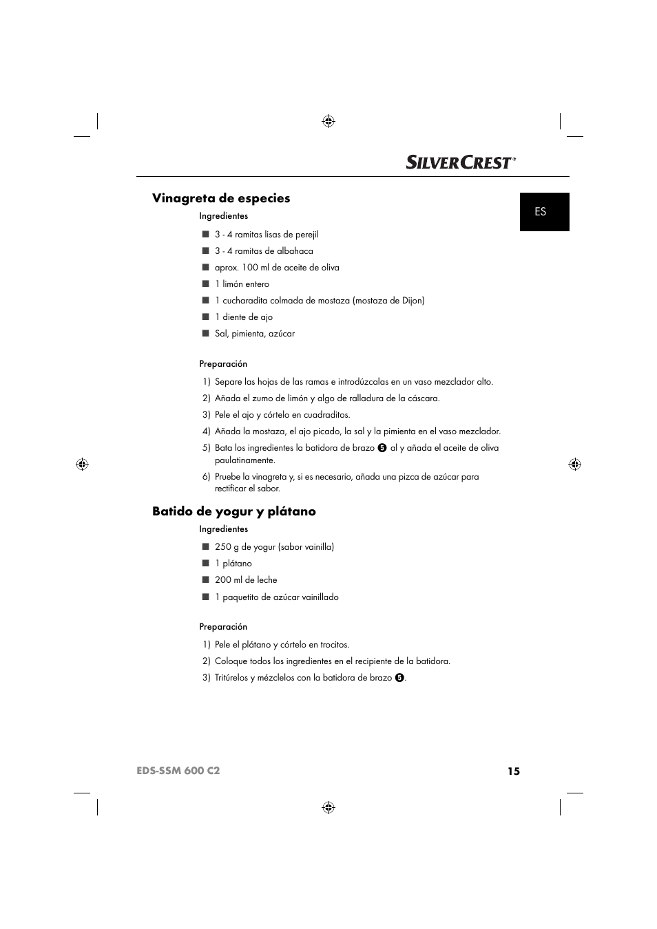 Vinagreta de especies, Batido de yogur y plátano | Silvercrest SSM 600 C2 User Manual | Page 18 / 81