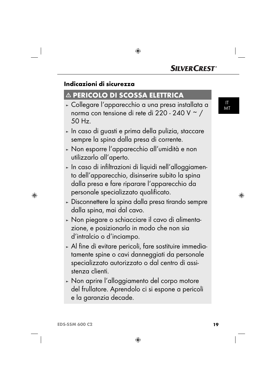 Pericolo di scossa elettrica, Indicazioni di sicurezza | Silvercrest SSM 600 C2 User Manual | Page 22 / 81