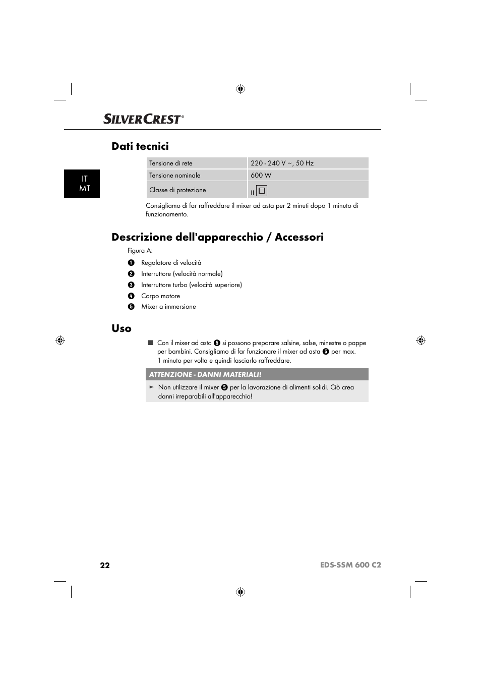 Dati tecnici, Descrizione dell'apparecchio / accessori, It mt | Silvercrest SSM 600 C2 User Manual | Page 25 / 81